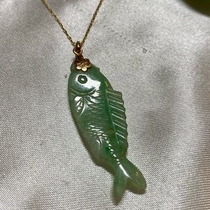 Hand Carved Carp Design Jadeite 14kt Solid Yellow Gold Bale Pendant Necklace